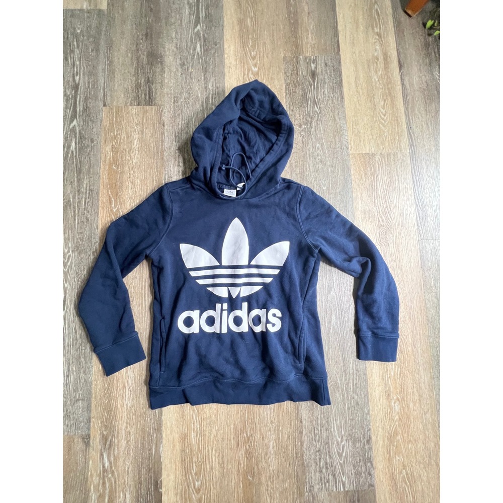 Adidas Hoodie Womens Small Navy Blue Excellent Trefoil Logo Pullover Sweatshirt